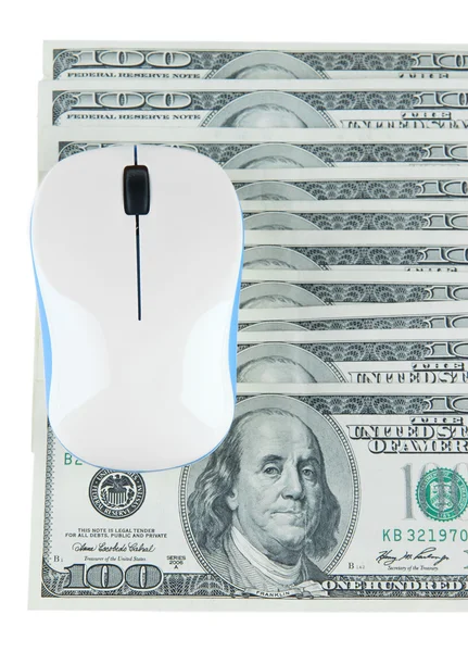 Computer mouse on dollars isolated on white — Stock Photo, Image