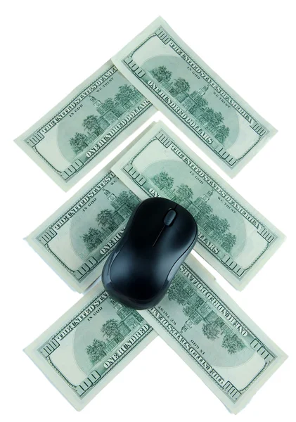 Computer mouse on dollars isolated on white — Stock Photo, Image