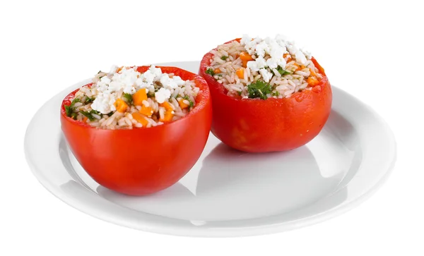 Stuffed tomatoes on plate isolated on white — Stock Photo, Image