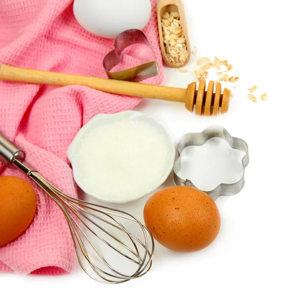 Cooking concept. Basic baking ingredients and kitchen tools isolated on ...