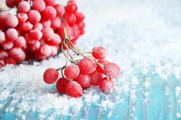 Kartopu ile buz kristalleri, mavi zemin üzerine kırmızı meyveler — Stok fotoğraf