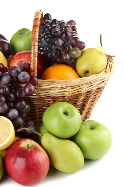 Composition of different fruits with basket isolated on white — Stock Photo, Image