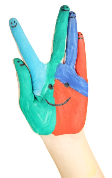 Mão pintada com sorriso isolado no branco — Fotografia de Stock