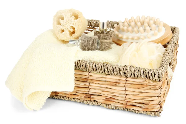 Set for spa in wicker basket, isolated on white — Stock Photo, Image