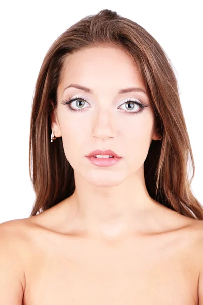 Vacker flicka med mild makeup och glödande hud närbild isolerad på vit — Stockfoto