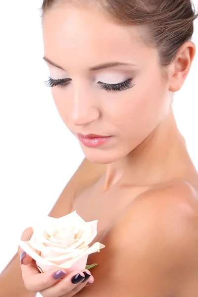 Hermosa chica con rosa primer plano aislado en blanco — Foto de Stock