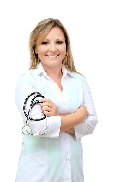 Jeune beau médecin avec stéthoscope isolé sur blanc — Photo