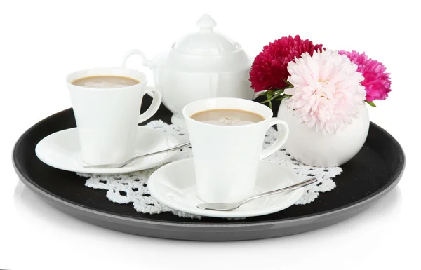 Cups of coffee on tray isolated on white — Stock Photo, Image