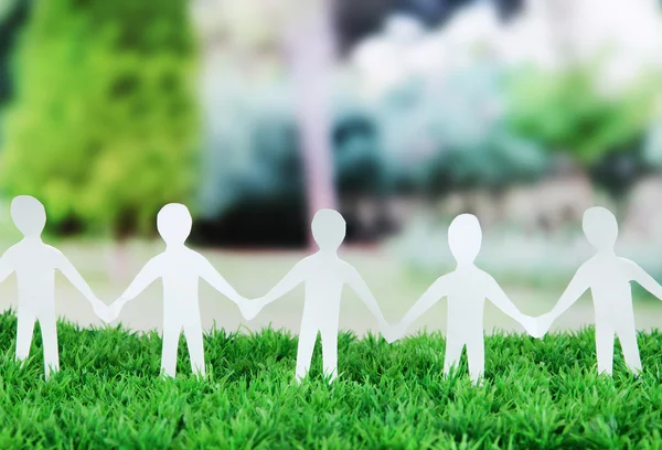 Paper people in social network concept on green grass outdoors — Stock Photo, Image