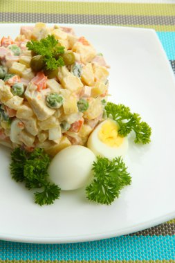 geleneksel Rus salatası olivier, renkli peçete zemin üzerine