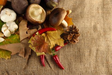 farklı sebze çul zemin üzerine sarı yaprakları ile kompozisyon