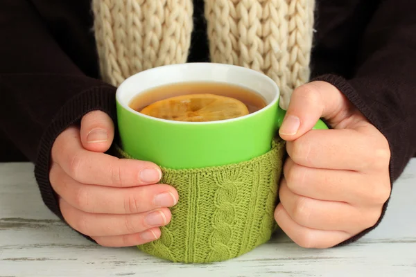 Cup with knitted thing on it in female hands close up — Stock Photo, Image