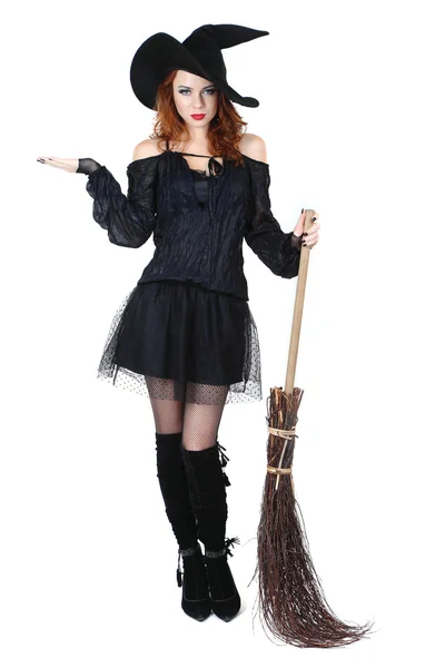 Halloween witch with broom isolated on white — Stock Photo, Image