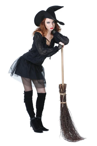 Halloween witch with broom isolated on white — Stock Photo, Image
