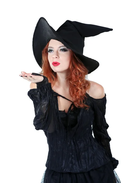 Halloween witch with broom isolated on white — Stock Photo, Image