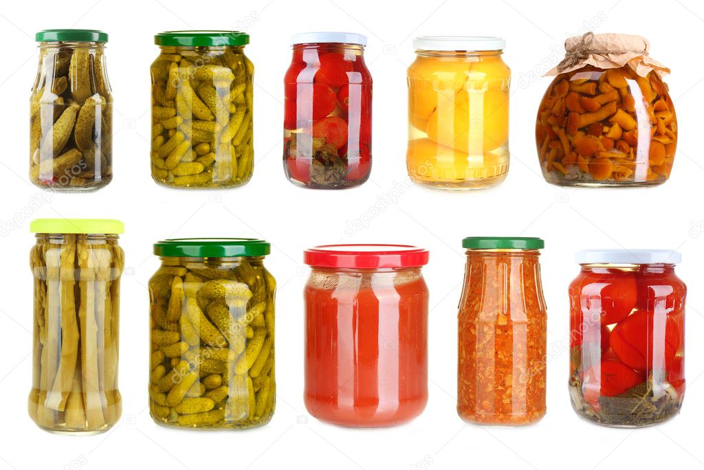 Set of canned vegetables isolated on white