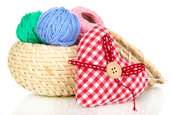 Wicker basket with accessories for needlework isolated on white — Stock Photo, Image