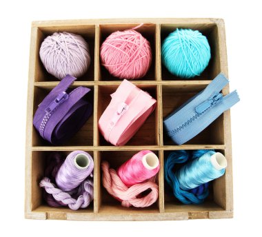 çok renkli skeins iplik ve üzerinde beyaz izole kutusuna bağlantı elemanları