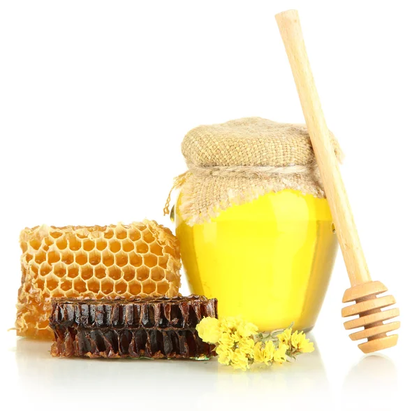 Sweet honeycombs and bank with honey isolated on white — Stock Photo, Image