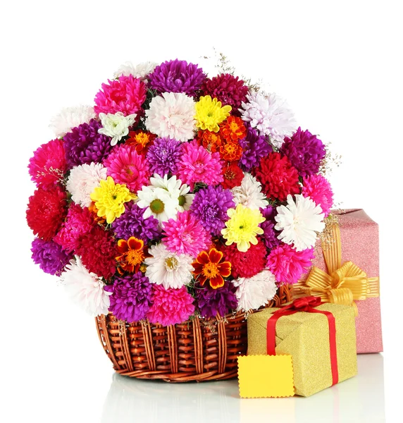 Beautiful bouquet of chrysanthemums in wicker basket isolated on white — Stock Photo, Image
