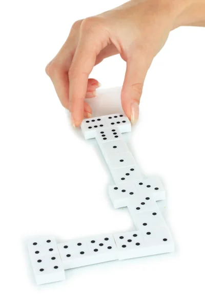 Mano giocare domino isolato su bianco — Foto Stock