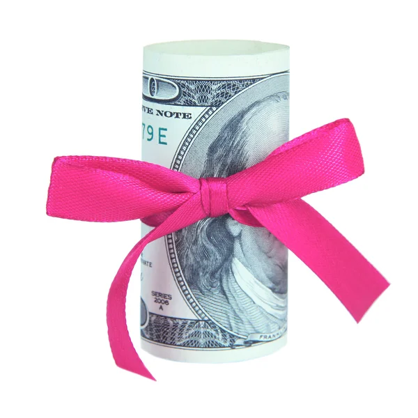 Dollars with gift bow isolated on white — Stock Photo, Image
