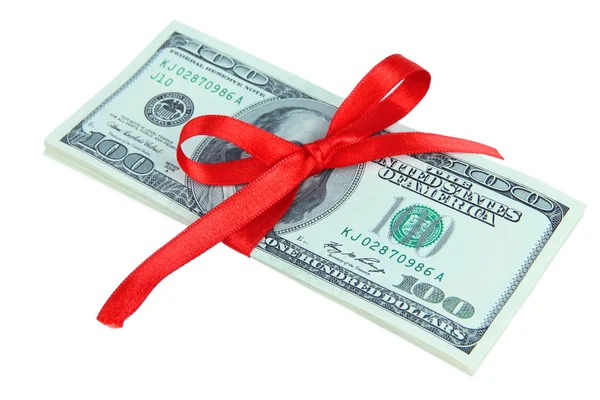 Dollars with gift bow isolated on white — Stock Photo, Image