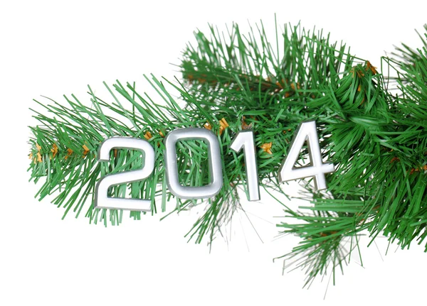 2014 "κολλάει" σε κοντινό πλάνο χριστουγεννιάτικο δέντρο που απομονώνονται σε λευκό — Φωτογραφία Αρχείου