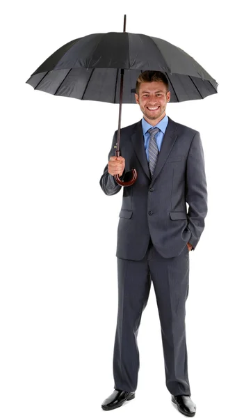 白で隔離され、傘を持ったビジネスマン — ストック写真