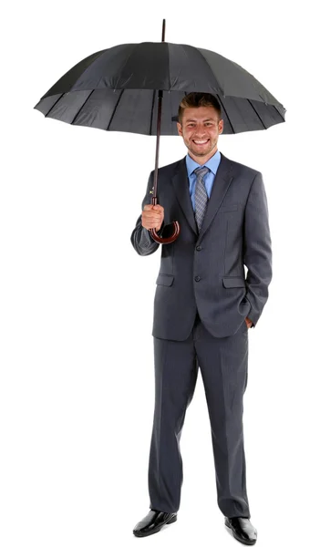 Businessman with umbrella, isolated on white — Stock Photo, Image