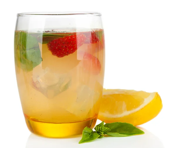 Basil lemonade with strawberry in glass, isolated on white — Stock Photo, Image