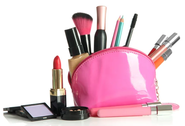 Hermosa bolsa de maquillaje con cosméticos, aislado en blanco — Foto de Stock