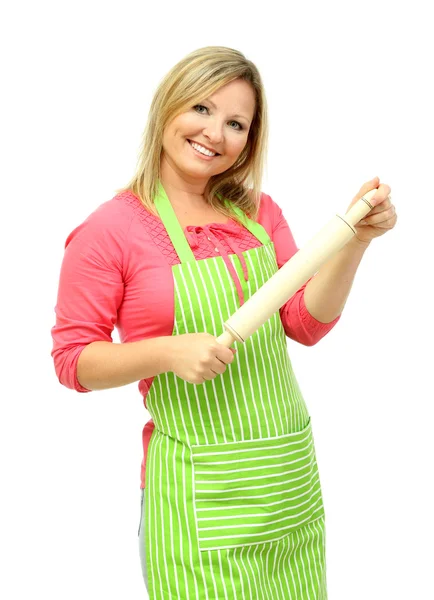 Woman with rolling-pin, isolated on white — Stock Photo, Image