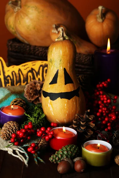 Composition for Halloween with pumpkins and candles close-up — Stock Photo, Image