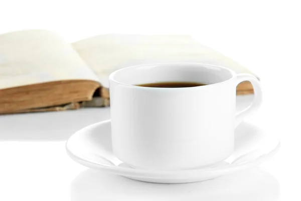 Cup of coffee and book isolated on white — Stock Photo, Image