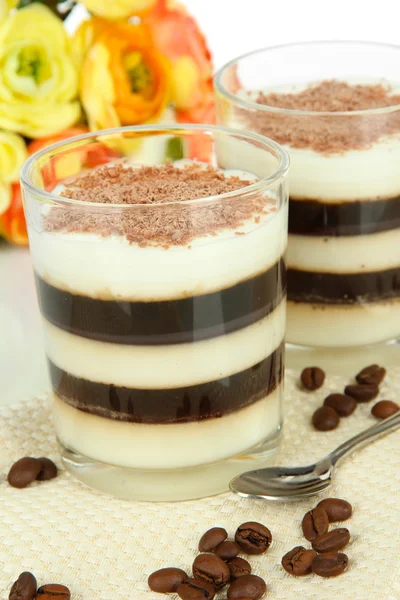 Tasty jelly coffee with milk on table on white background — Stock Photo, Image