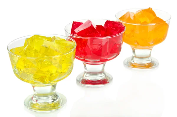 Tasty jelly cubes in bowls isolated on white — Stock Photo, Image