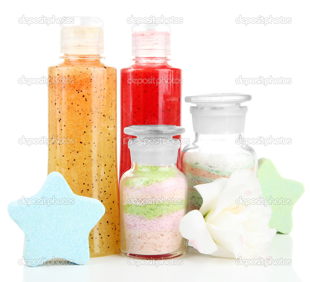 Aromatic salts in glass bottles and body scrubs, isolated on white