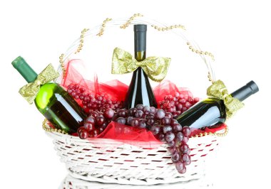 Gift basket with wine isolated on white clipart