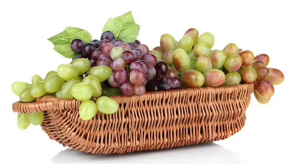 Свежий виноград в плетеной корзине, изолированный на белом — стоковое фото