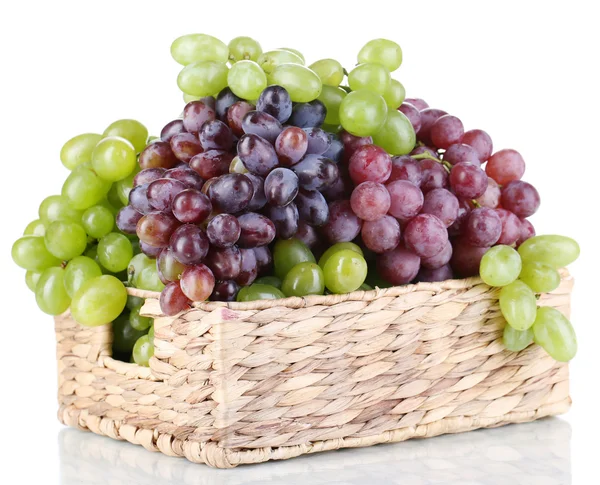 Ripe green and purple grapes in basket isolated on white — Stock Photo, Image