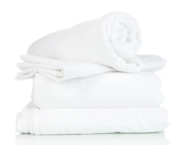 Bedding sheets and towels isolated on white — Stock Photo, Image