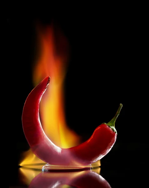 Червоний гострий перець чилі на вогні на чорному тлі — стокове фото
