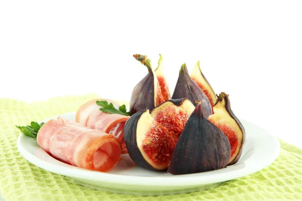 Tasty figs with ham, isolated on white — Stock Photo, Image