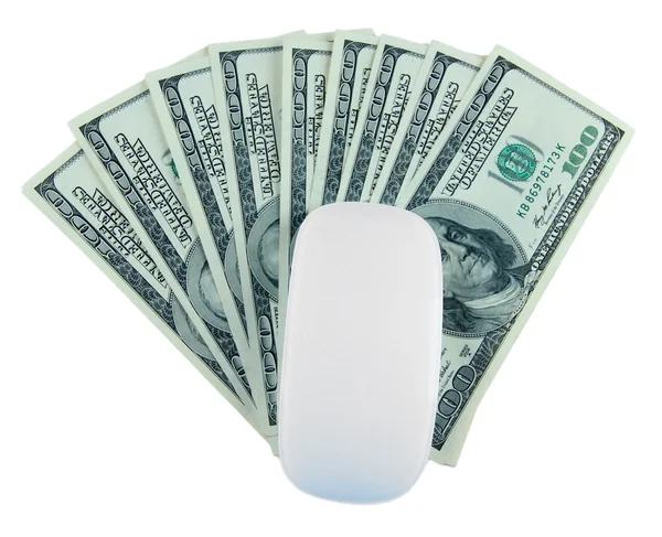 Počítačová myš na dolarů izolovaných na bílém — Stock fotografie