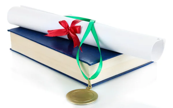 Medal for achievement in education with diploma and book isolated on white — Stock Photo, Image