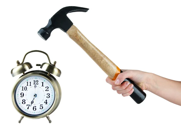 Hammer in hand and alarm clock isolated on white — Stock Photo, Image