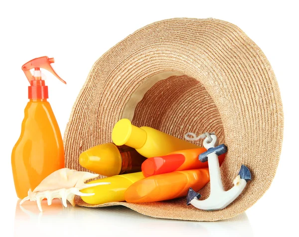 Güneş krem beyaz izole şapkalı şişe — Stok fotoğraf