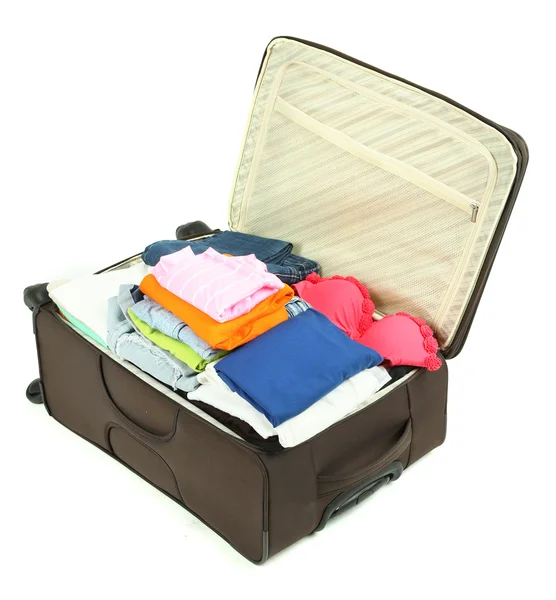 Resväska med kläder isolerad på vit — Stockfoto