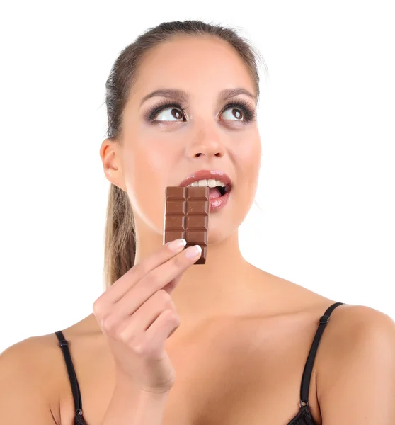 Retrato de menina bonita com chocolate isolado em branco — Fotografia de Stock